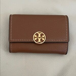 Tory Burch Chestnut Brown Leather Mini Wallet with Gold Logo